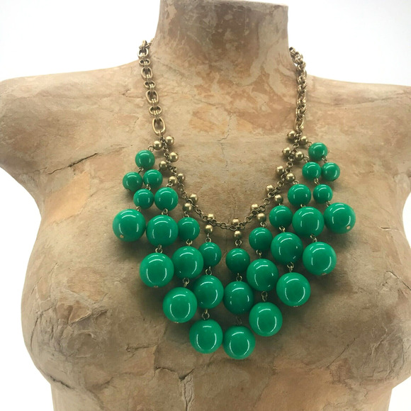 Stella & Dot Beaded Bib Statement Necklace Green Gold Princess Length Chain Link - Picture 3 of 12
